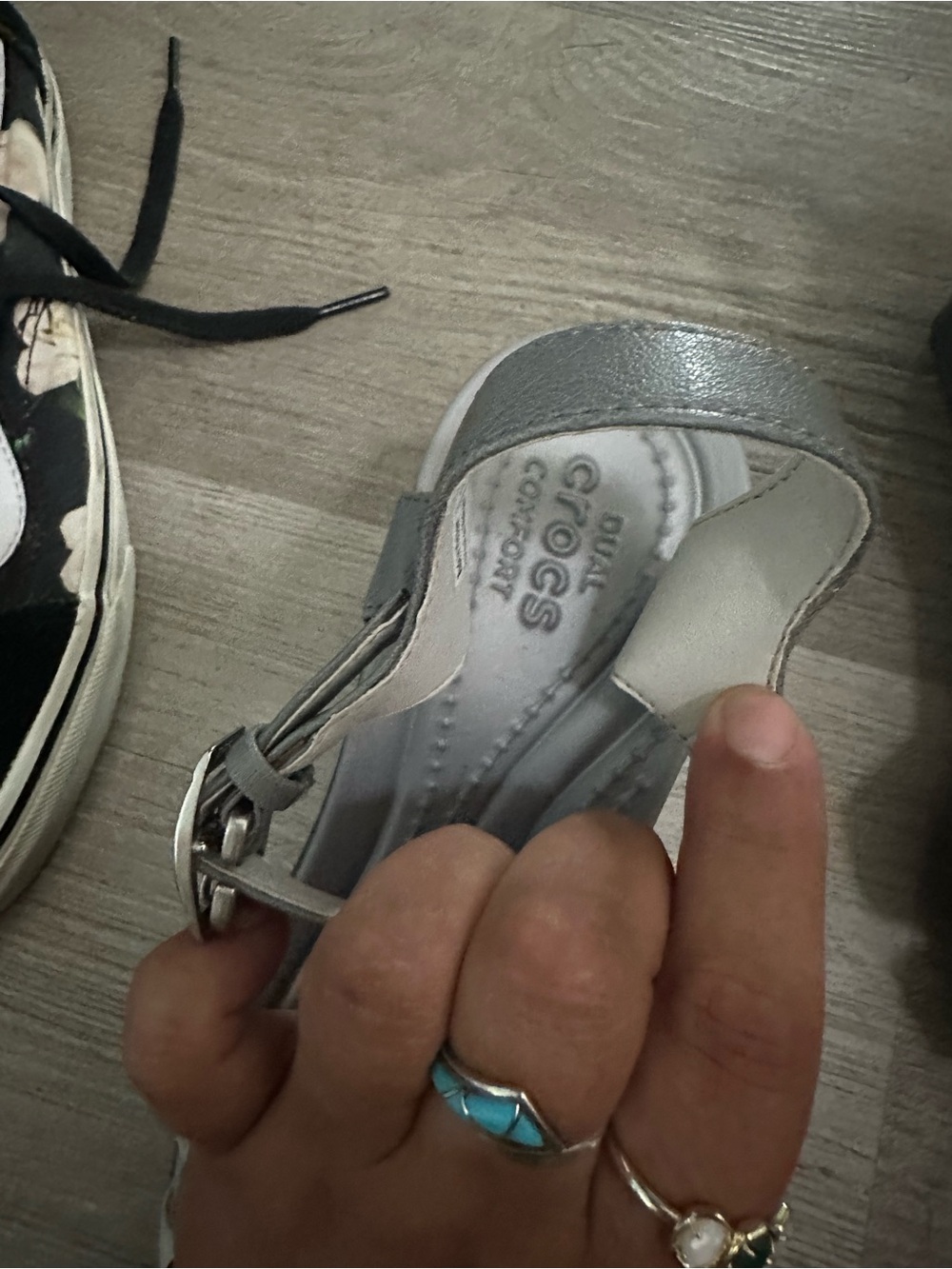 CROCS Light Gray and Off-White Wedge Sandals - Picture 3 of 3